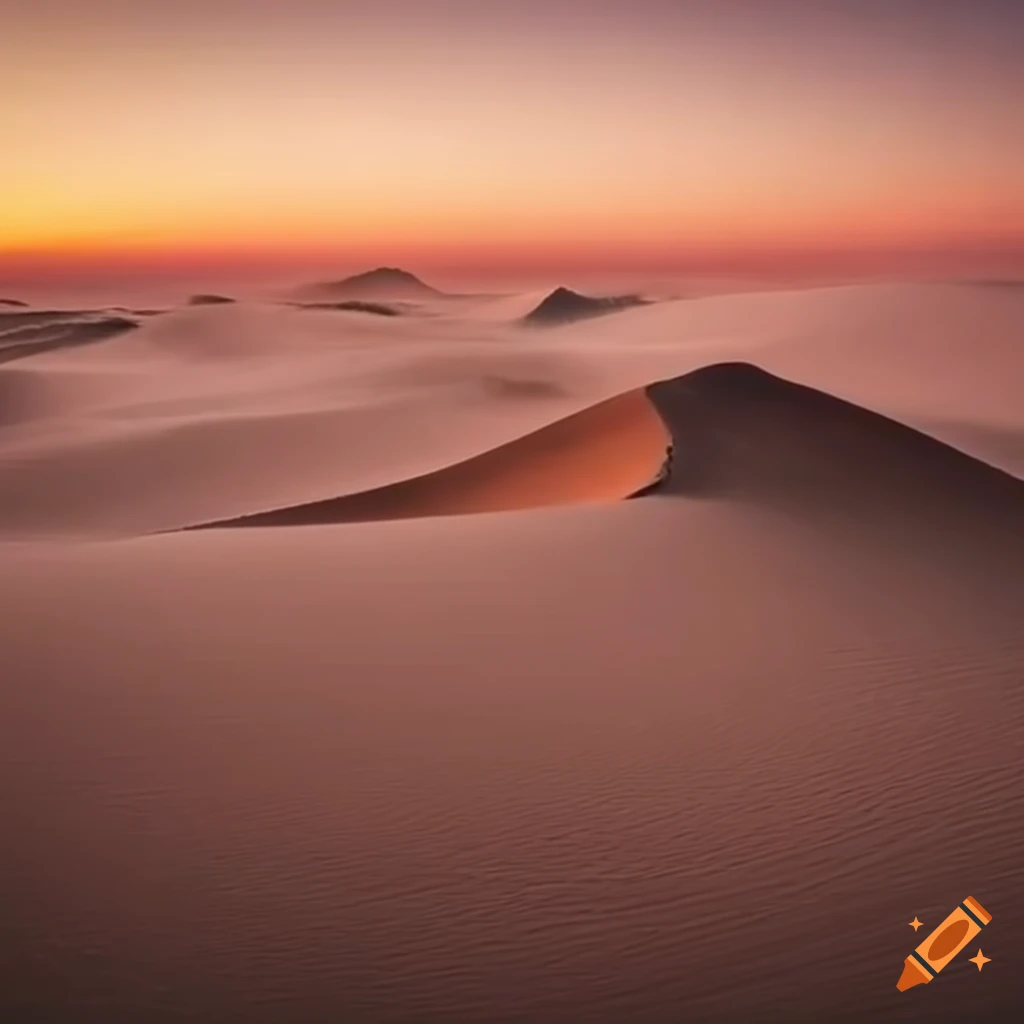Majestic sand dunes engulfed in a eerie desert landscape sunset on Craiyon