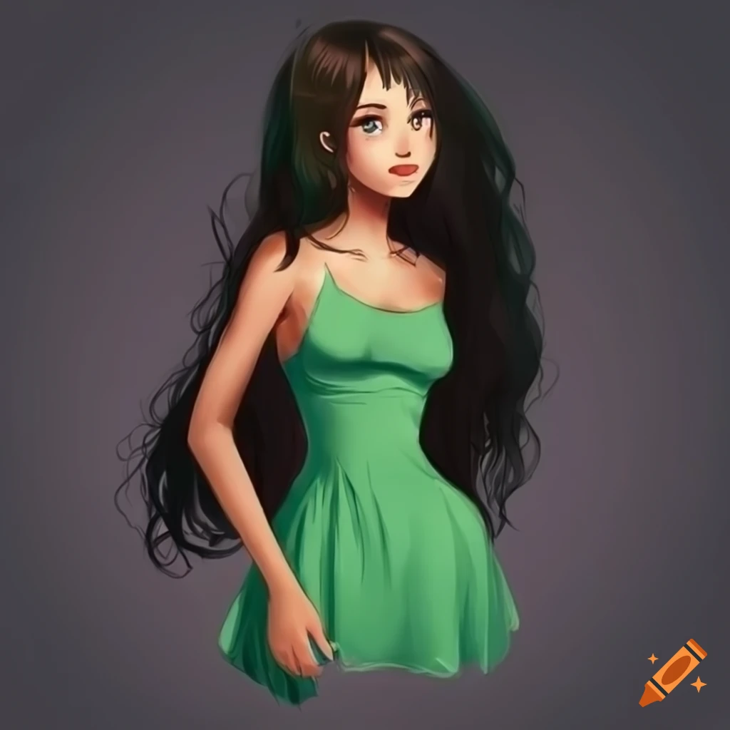 Girl, brown skin, black hair, green dress, brown eyes, thin, full body on  Craiyon