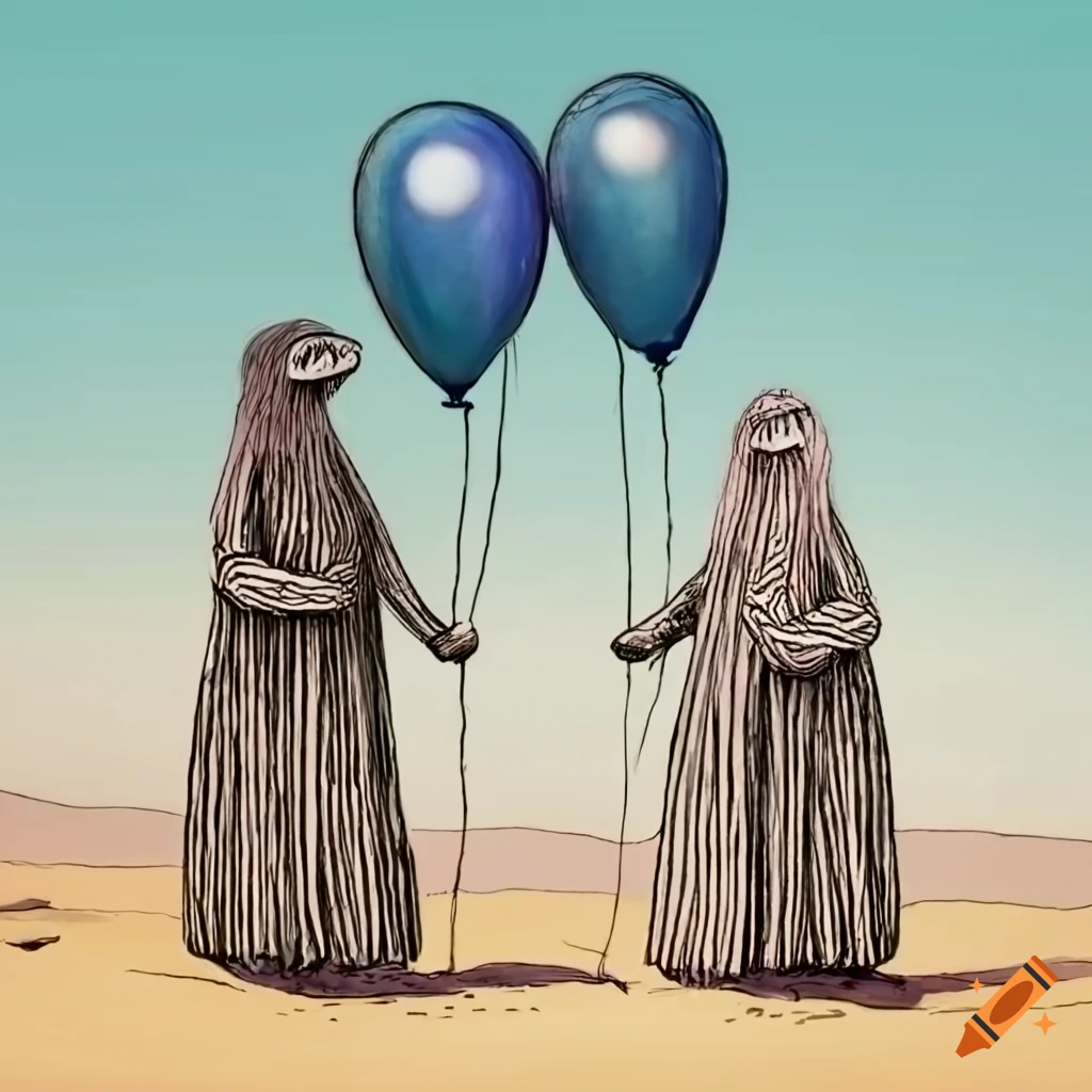 Two queers with weird hair holding balloons in the desert in the style