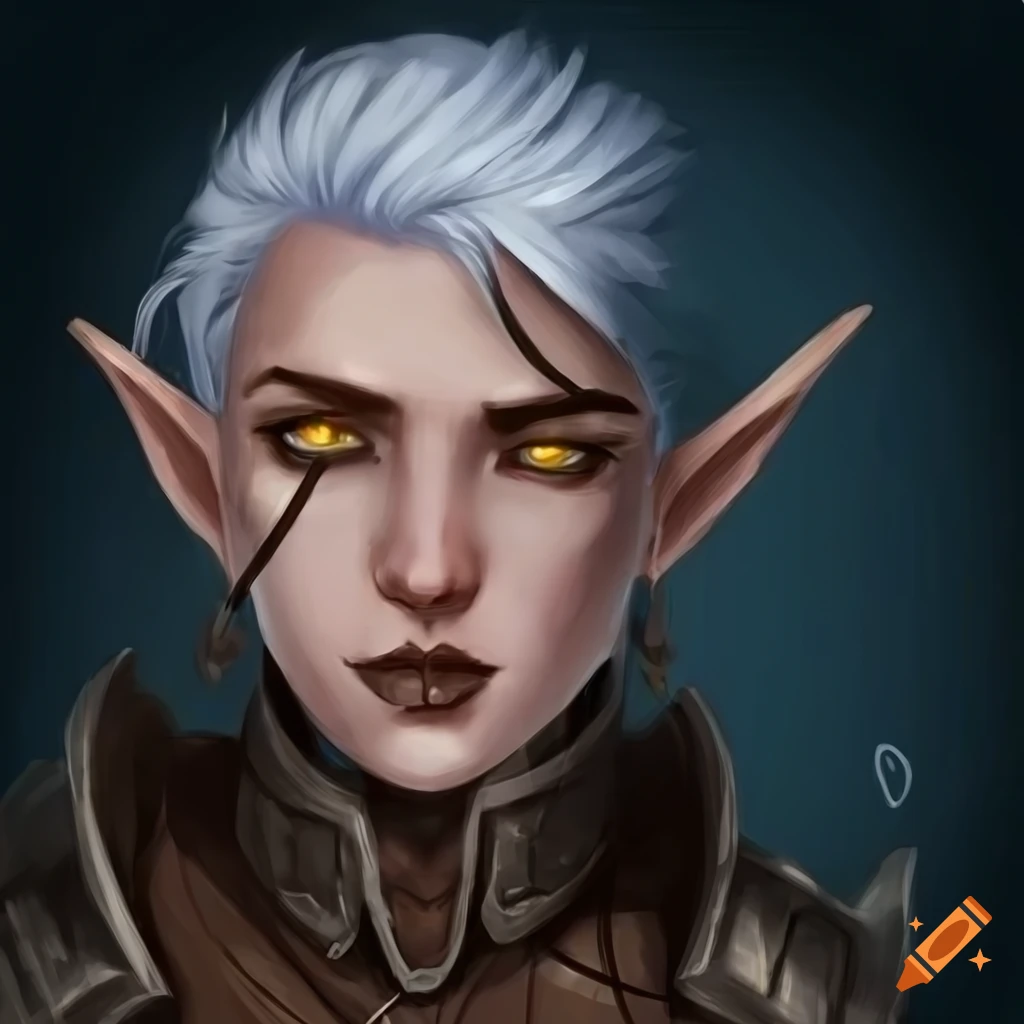 Yellow eyes half elf hunter with short white wispy hair in leather ...