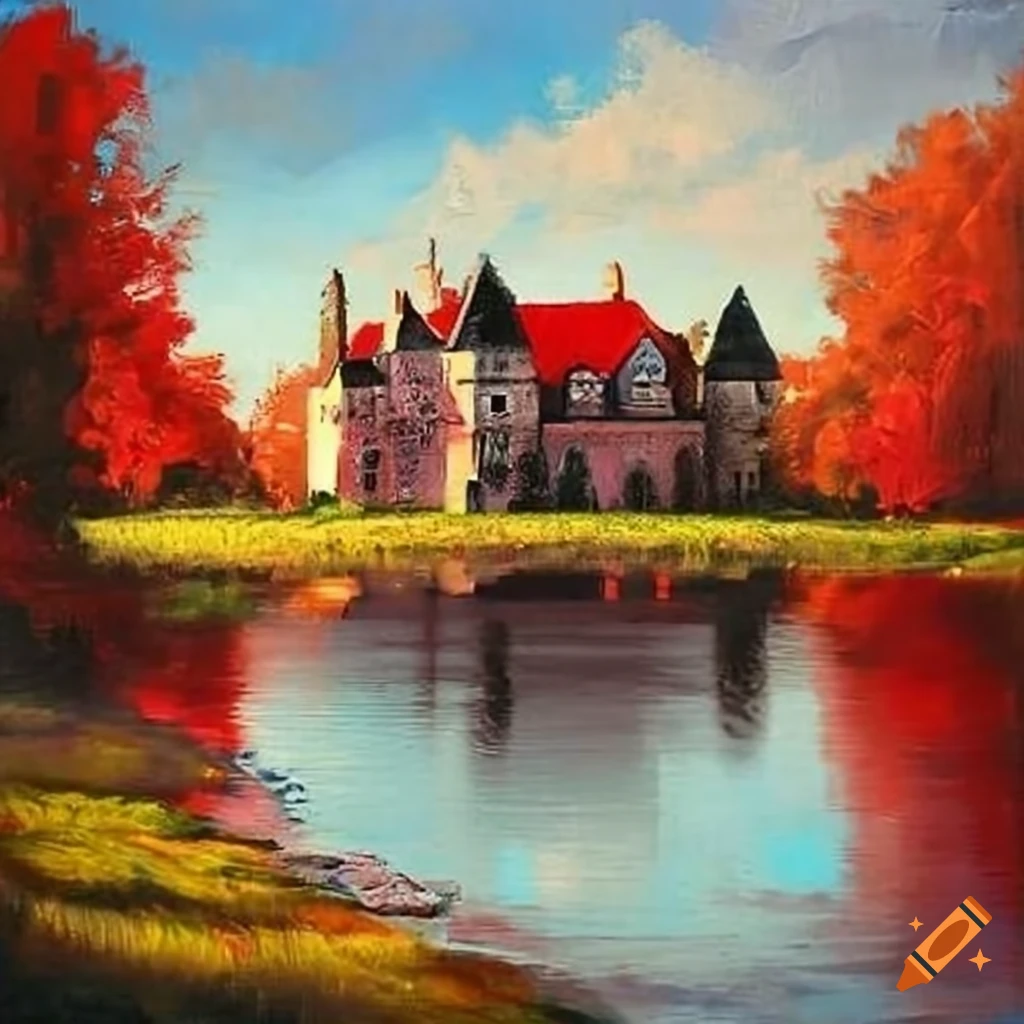 A small and dreamllike manor in front of a lake, with a dominant of red ...