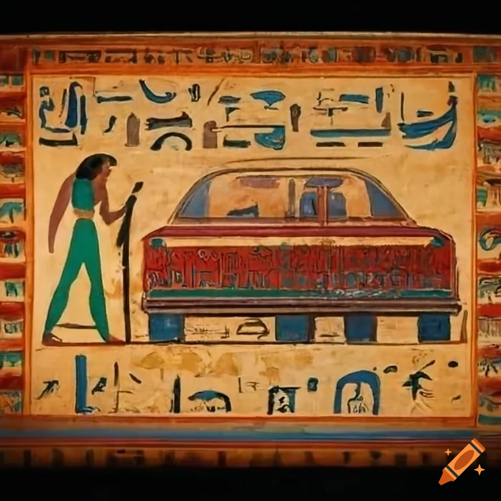 Skoda car in an Egyptian fresco with hieroglyphs on Craiyon