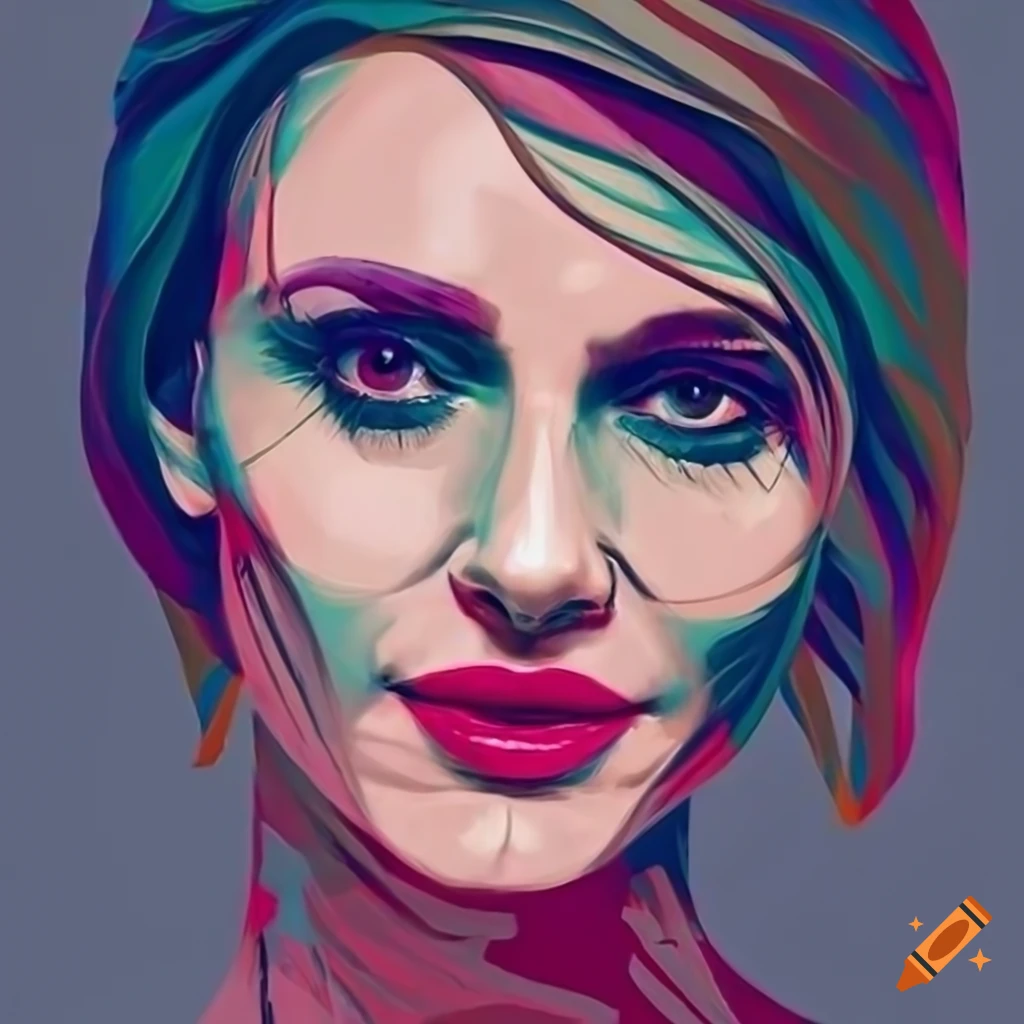 Bosnian woman portrait bold contour vibrant colors gray background