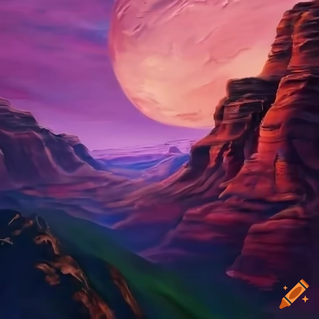 Canyon trail on alien planet with purple sky, fine details, 8k on Craiyon