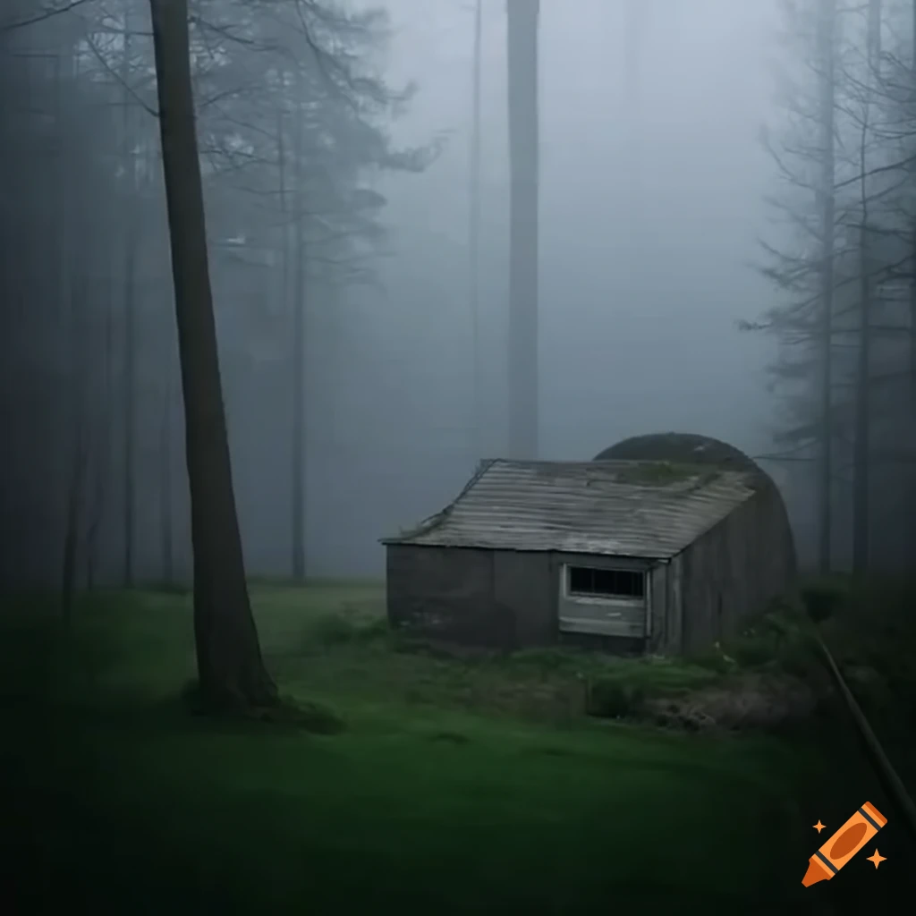 a big radio/antenna station with concrete building/bunker in a foggy forest