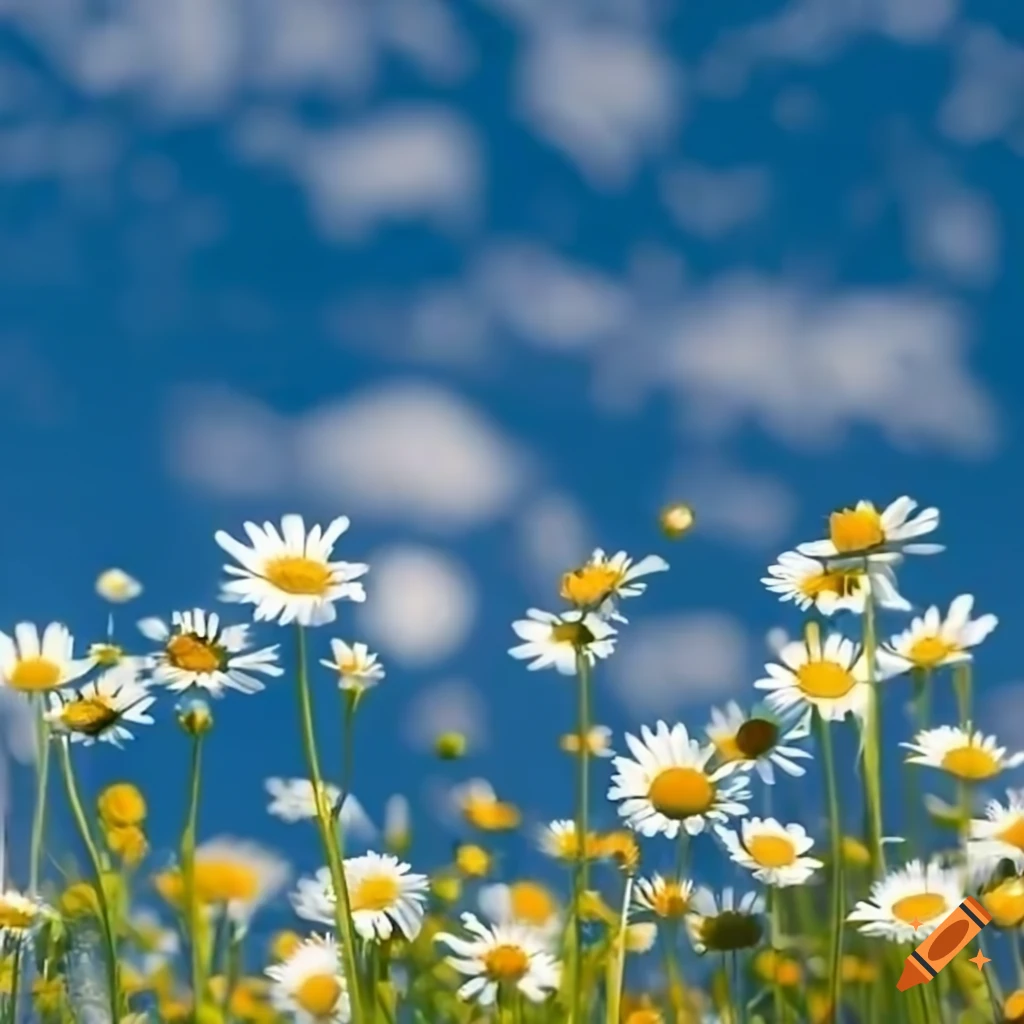 Field of daisies under blue sky with fluffy clouds on Craiyon