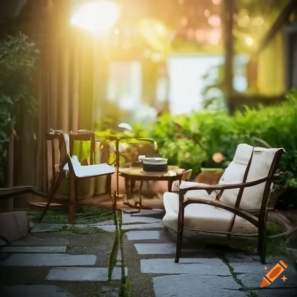 serene patio with comfortable chairs and a cup of coffee