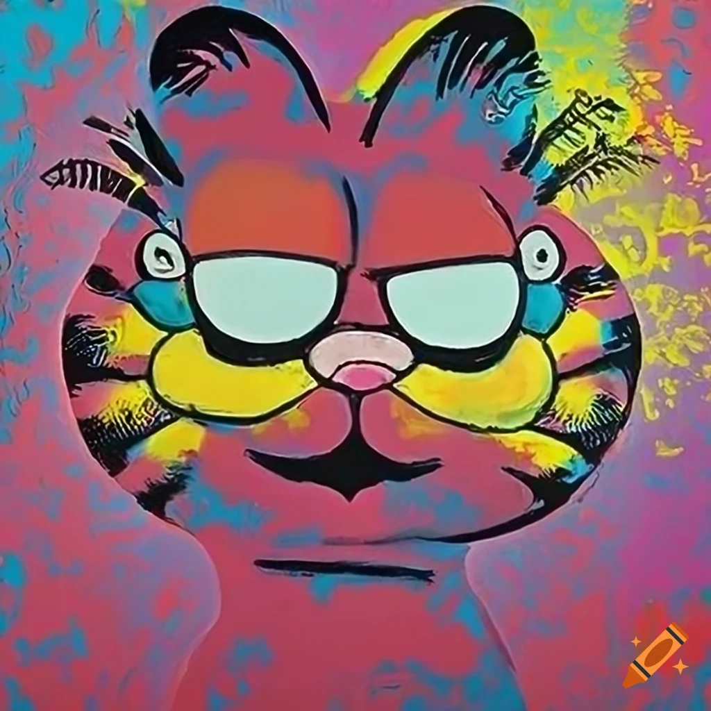 oil painting of a smiling Garfield in colorful background
