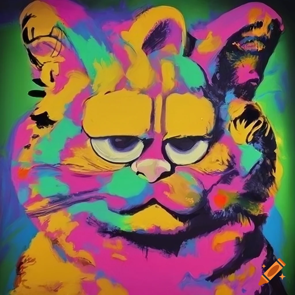 oil painting of a smiling Garfield in colorful background