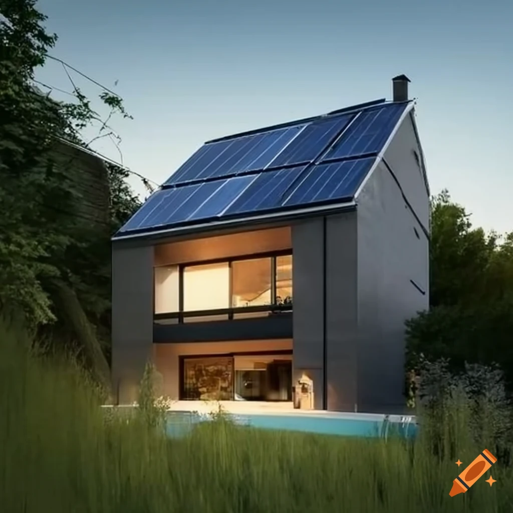 modern house with solar panel and garden