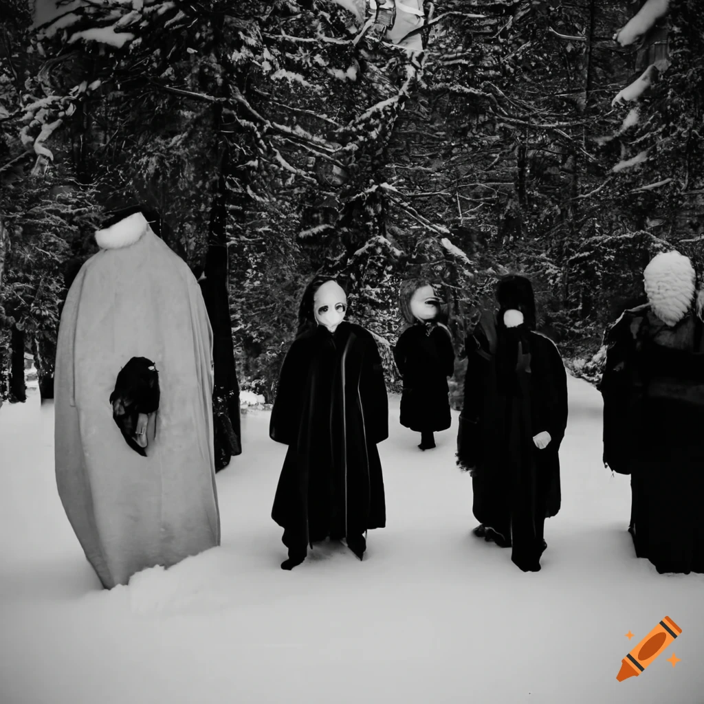 black and white photo of people gathering around a crypt in the snow