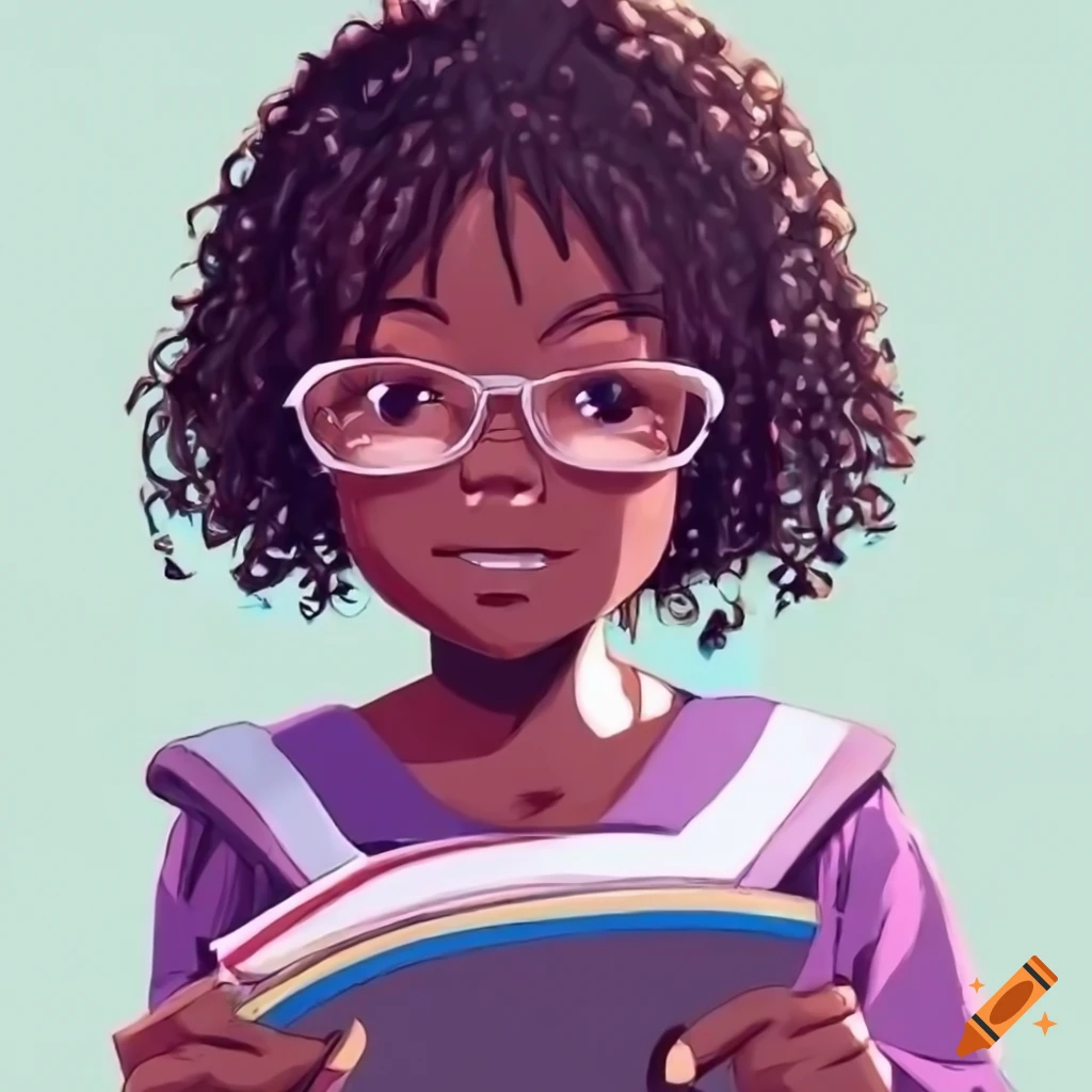 anime-style African schoolgirl with eyeglasses