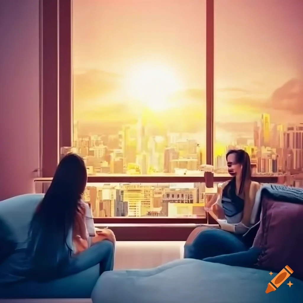 apartment living room with city skyline view