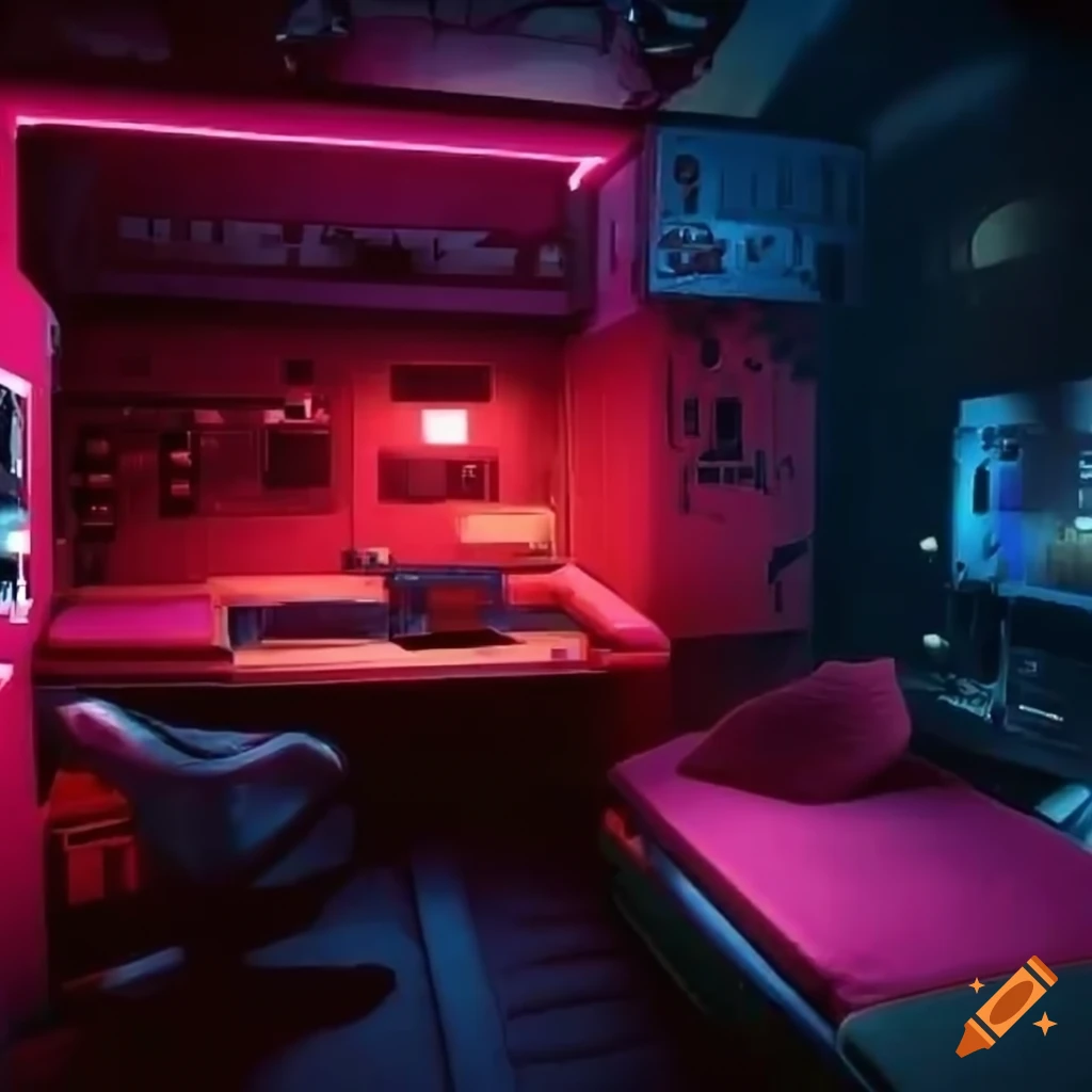 red cyberpunk hacker's room with a single bed and fake flame