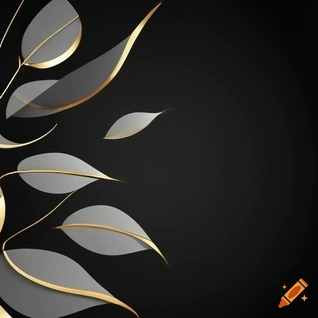 artistic gray leaves on black background with gold accents