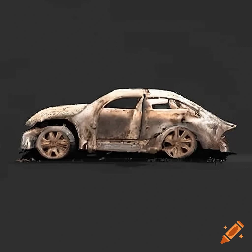 detailed ps2-style rendering of a burnt-out car