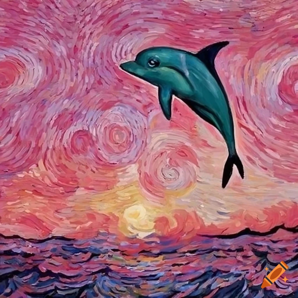 imagen de un delfin volando en las nubes rosas estilo van gogh