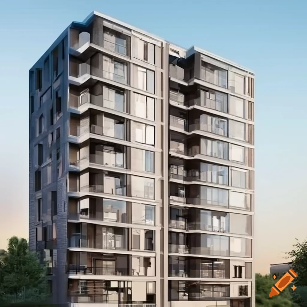 exterior rendering of a modern 7-floor apartment building