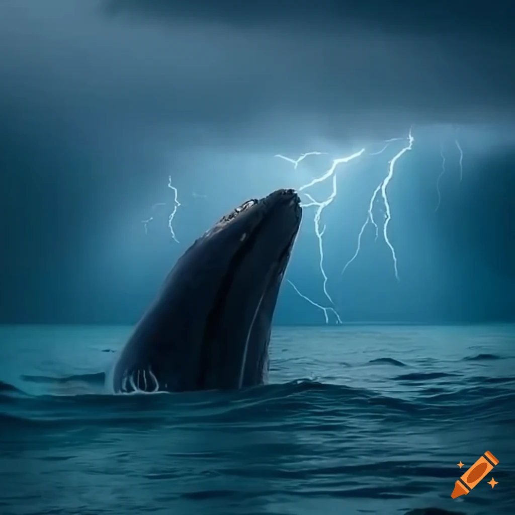 picture of a thunderstorm over the ocean with a whale's fin