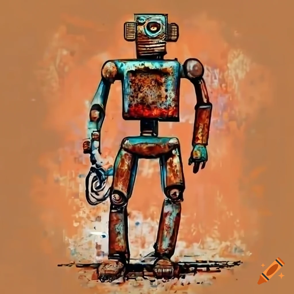rusty robot playing electric guitar in a futuristic junkyard