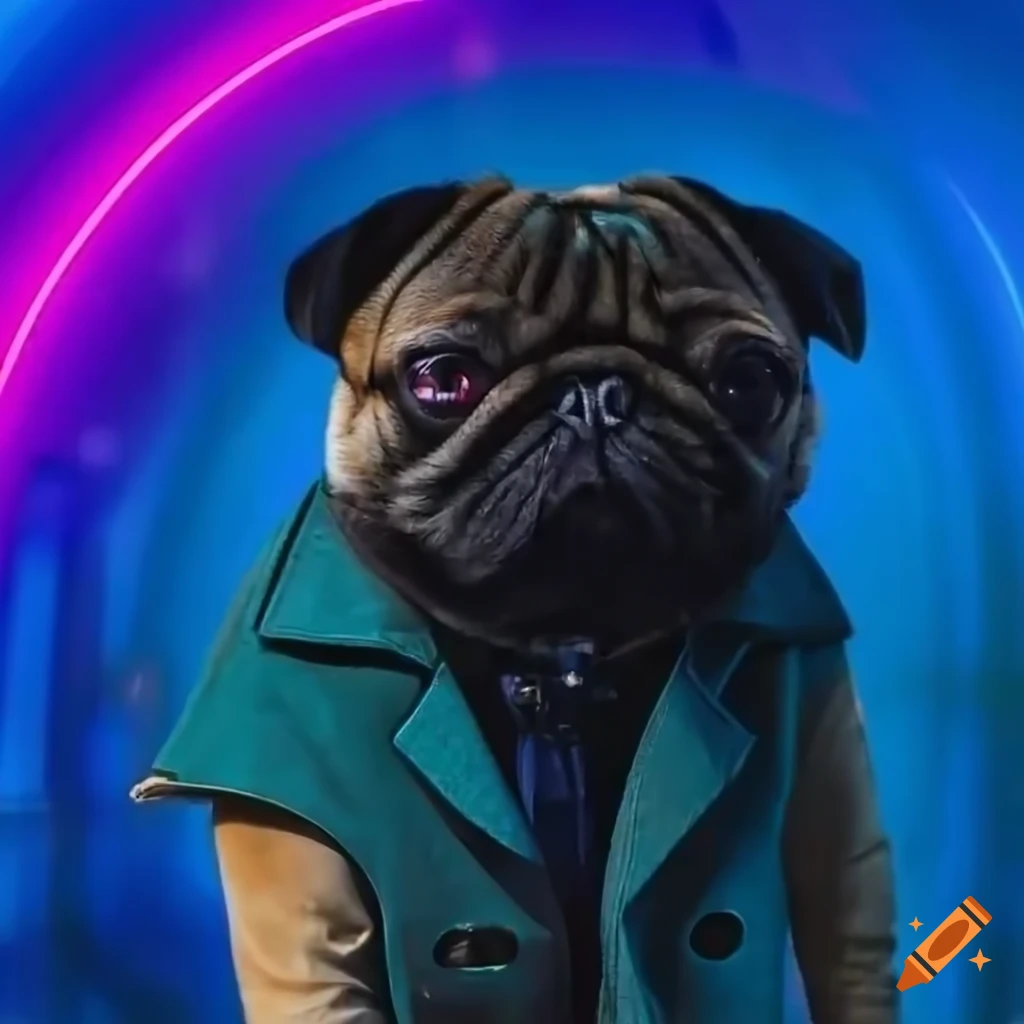 close-up photo of a pug in a trench coat in a futuristic market