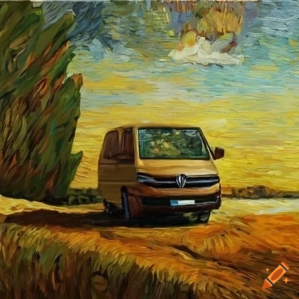 Van Gogh inspired painting of a beige VW T6 van in a field