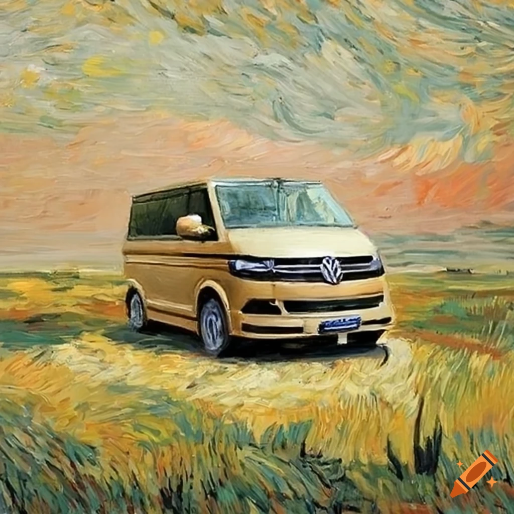 Van Gogh inspired painting of a beige VW T6 van in a field