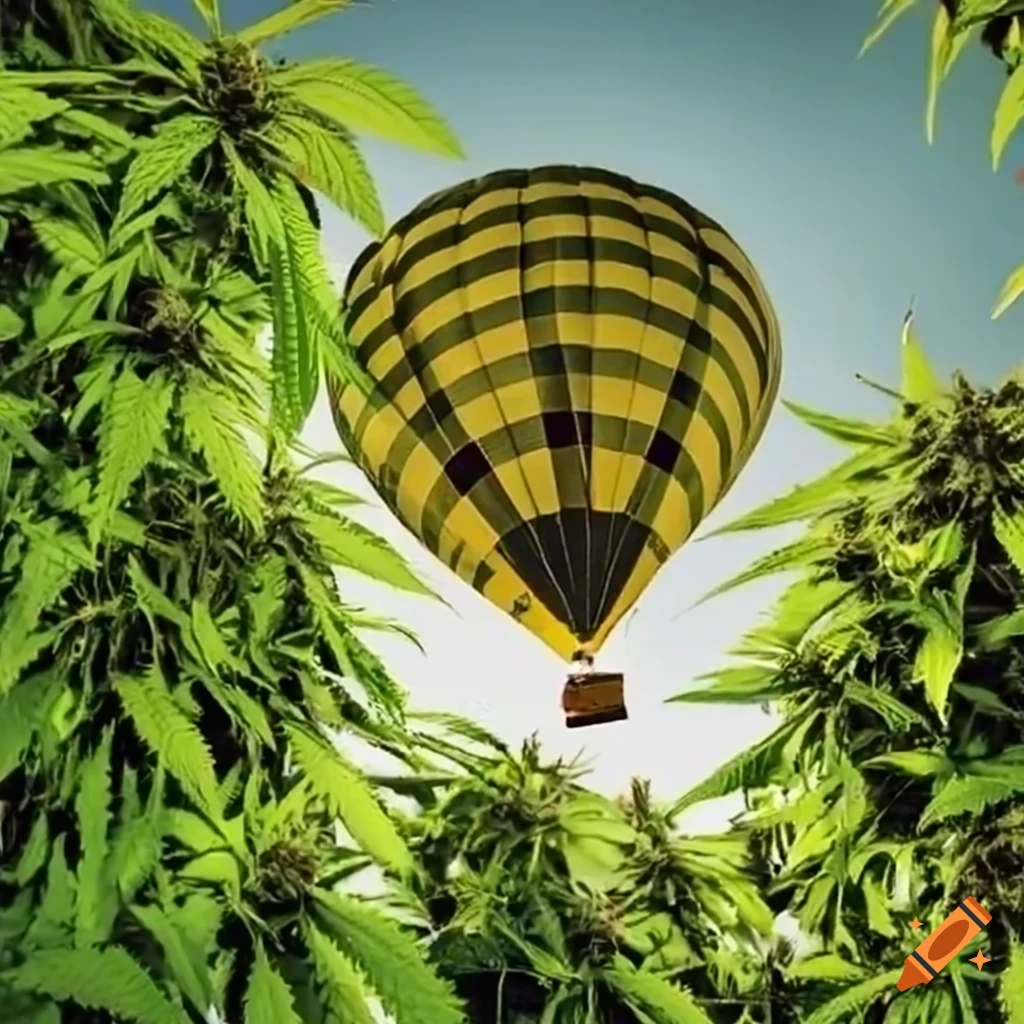 hot air balloon over a sunny marijuana jungle