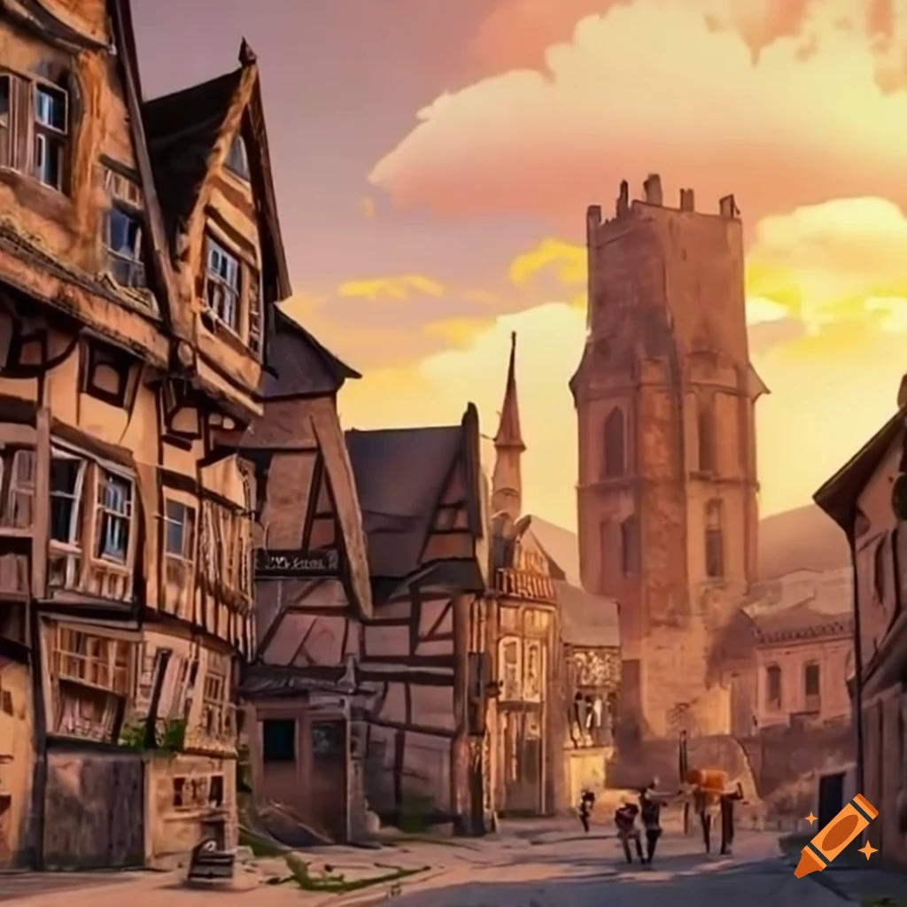medieval village with brewery equipment and people enjoying beer