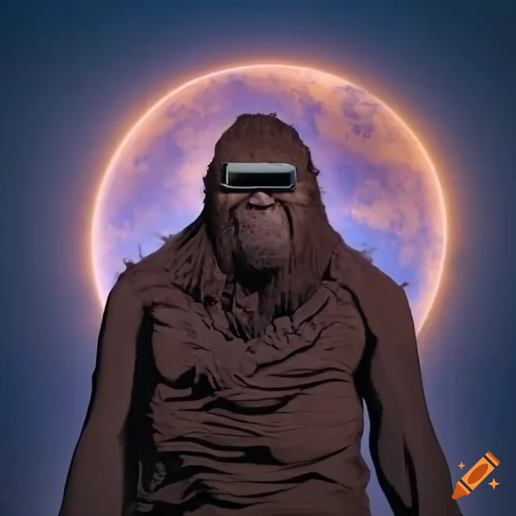 Sasquatch wearing eclipse sunglasses with mountains in the background