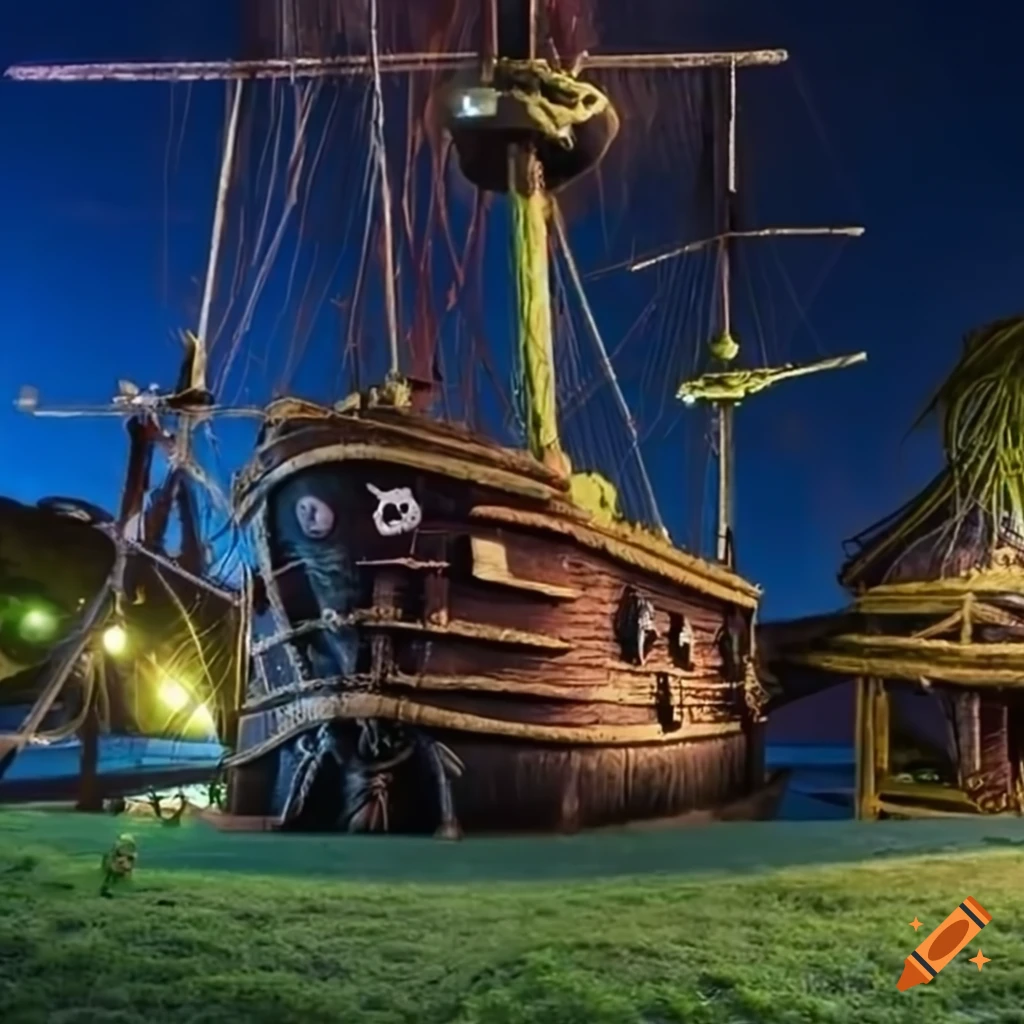 night scene of a pirate ship jungle gym