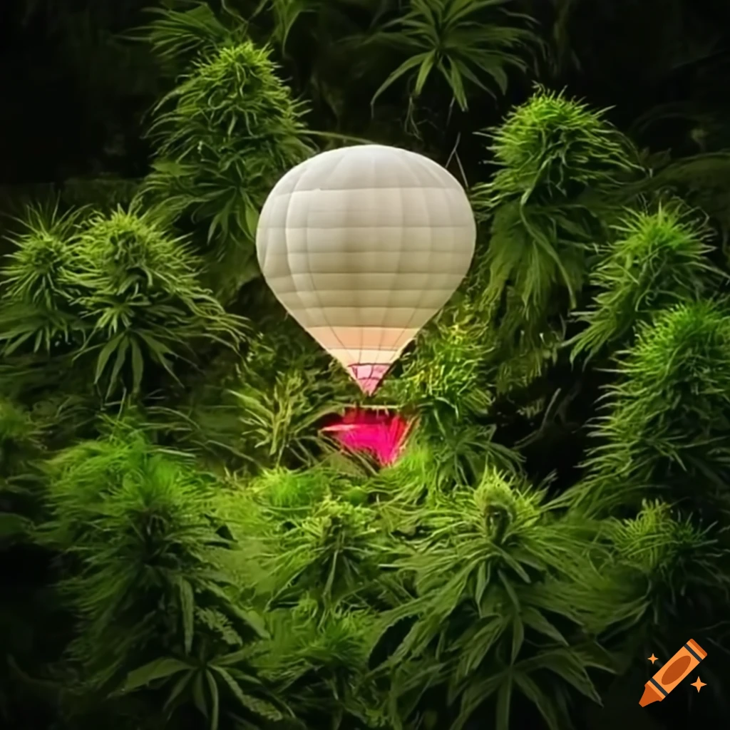hot air balloon floating over a jungle in the shape of an audio waveform