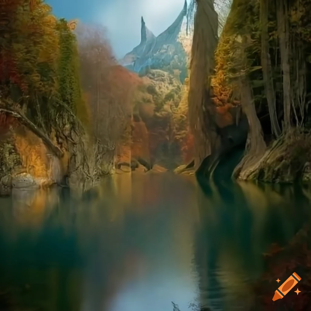 photorealistic depiction of Rivendell from Lord of the Rings