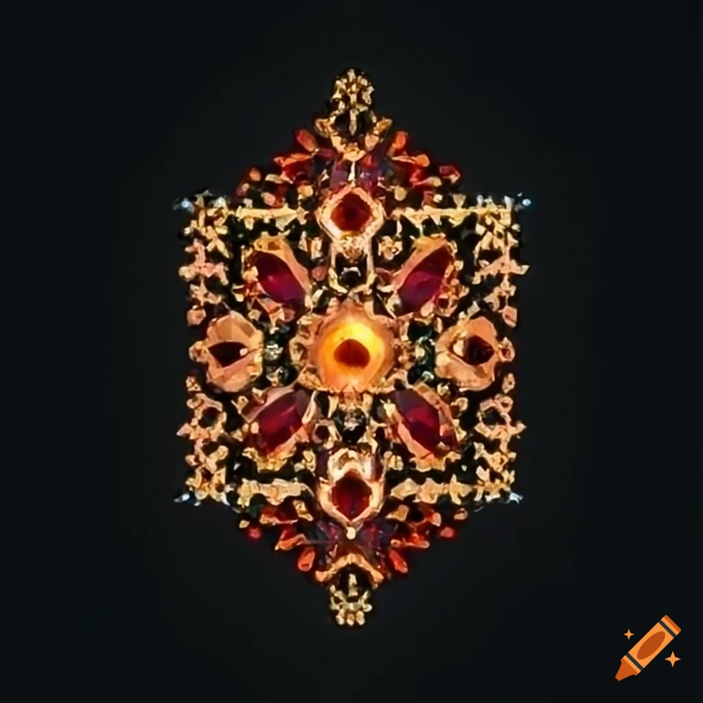 jeweled coral, amber, ruby, and gold motif on black background