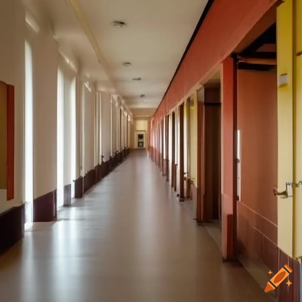 school corridor with classrooms and a central hall