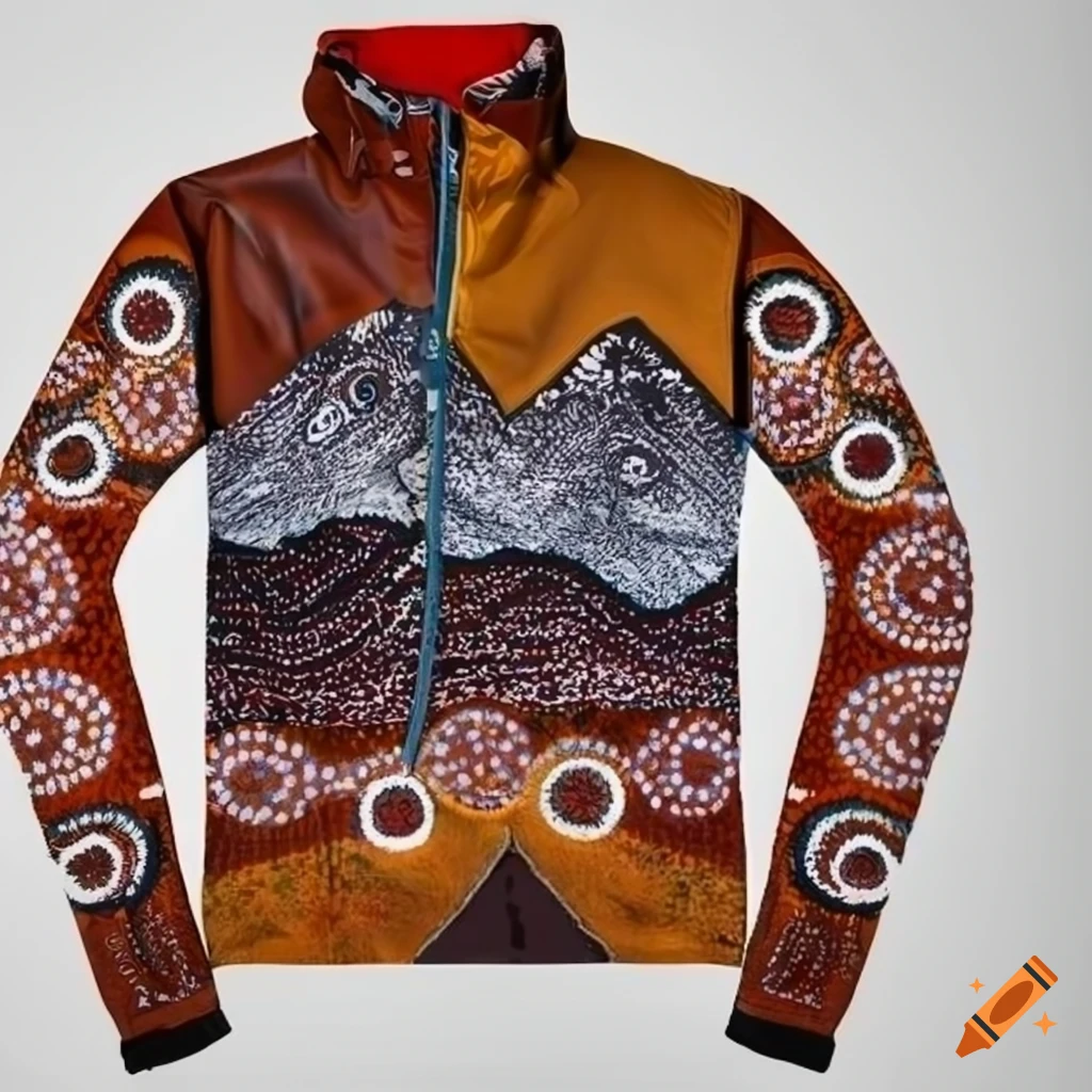 soft shell jacket with Aboriginal art design in snowy mountains