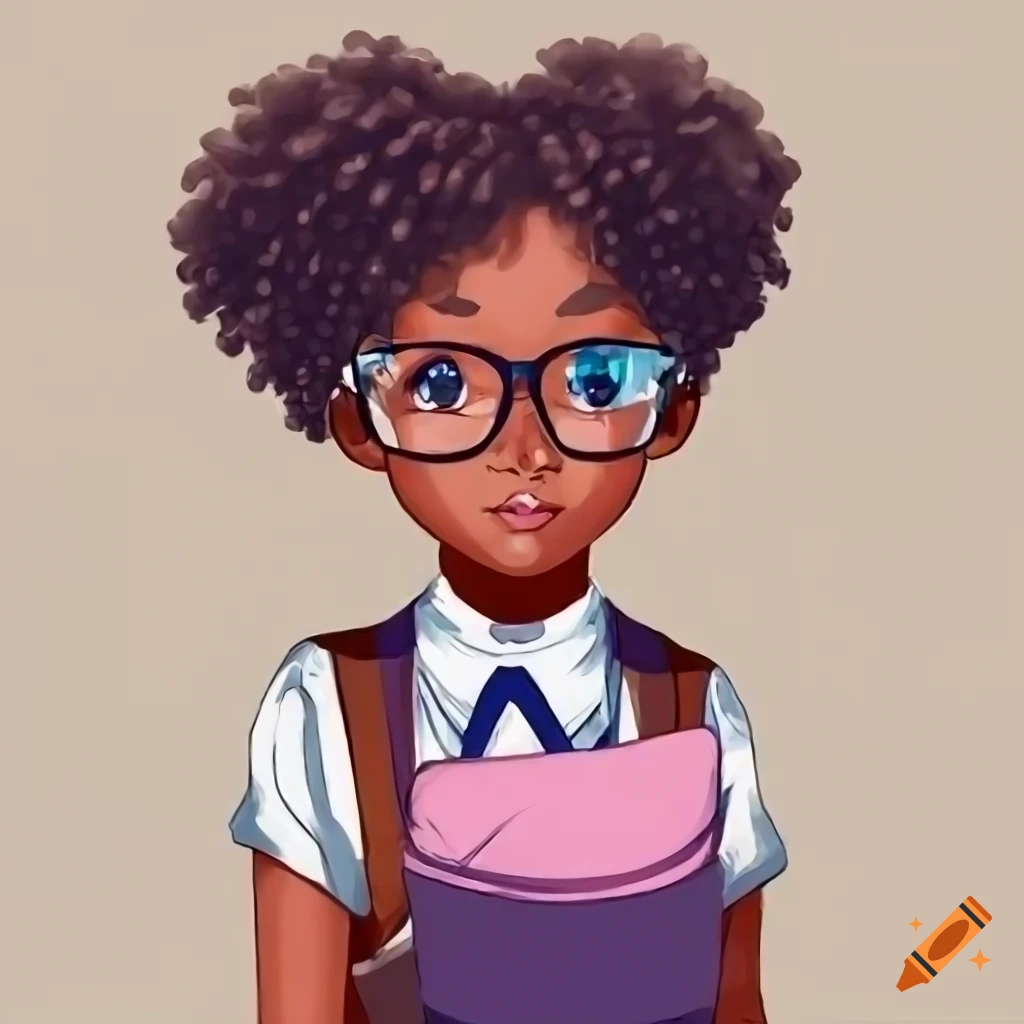 anime-style African schoolgirl with eyeglasses