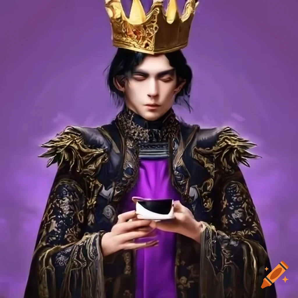 image of a young king in black violet clothes drinking tea in a palace