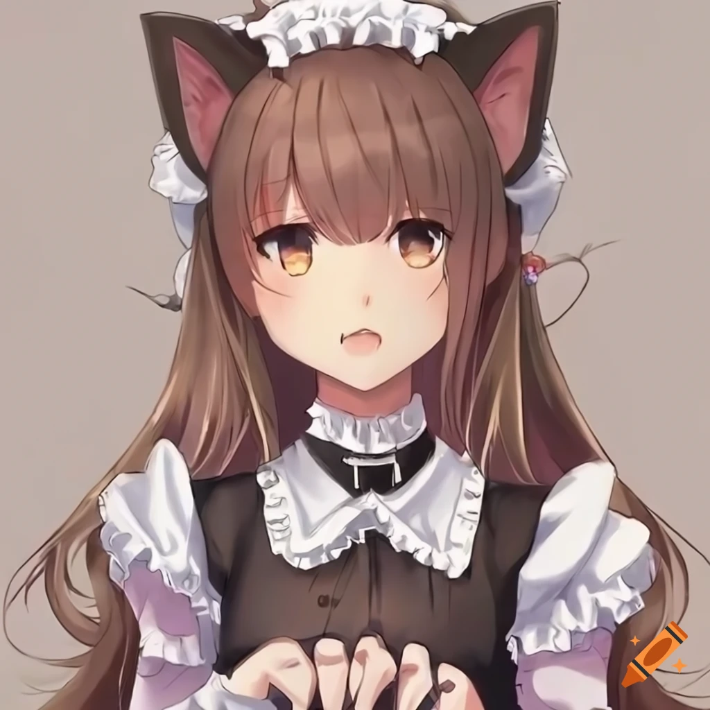 anime cat girl maid with brown hair