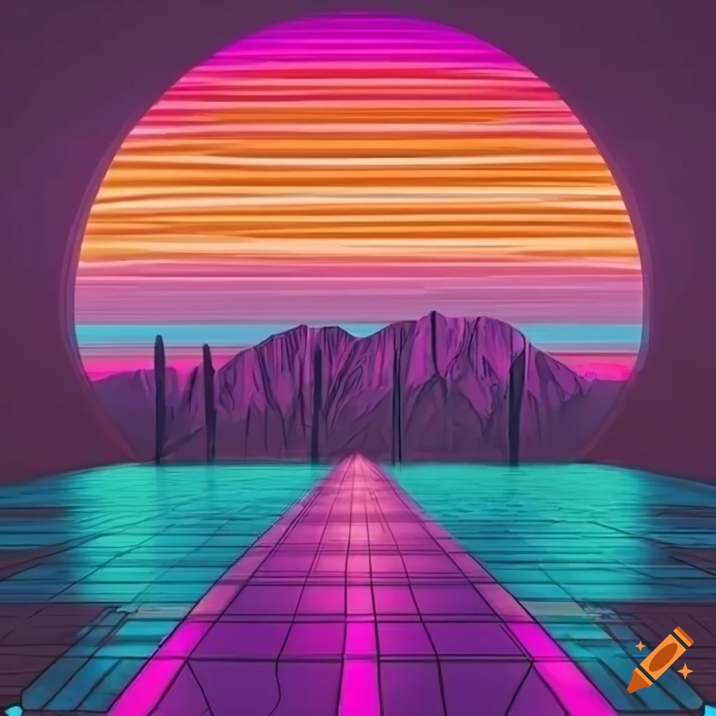 retrowave desert sunset block art with perspective grid