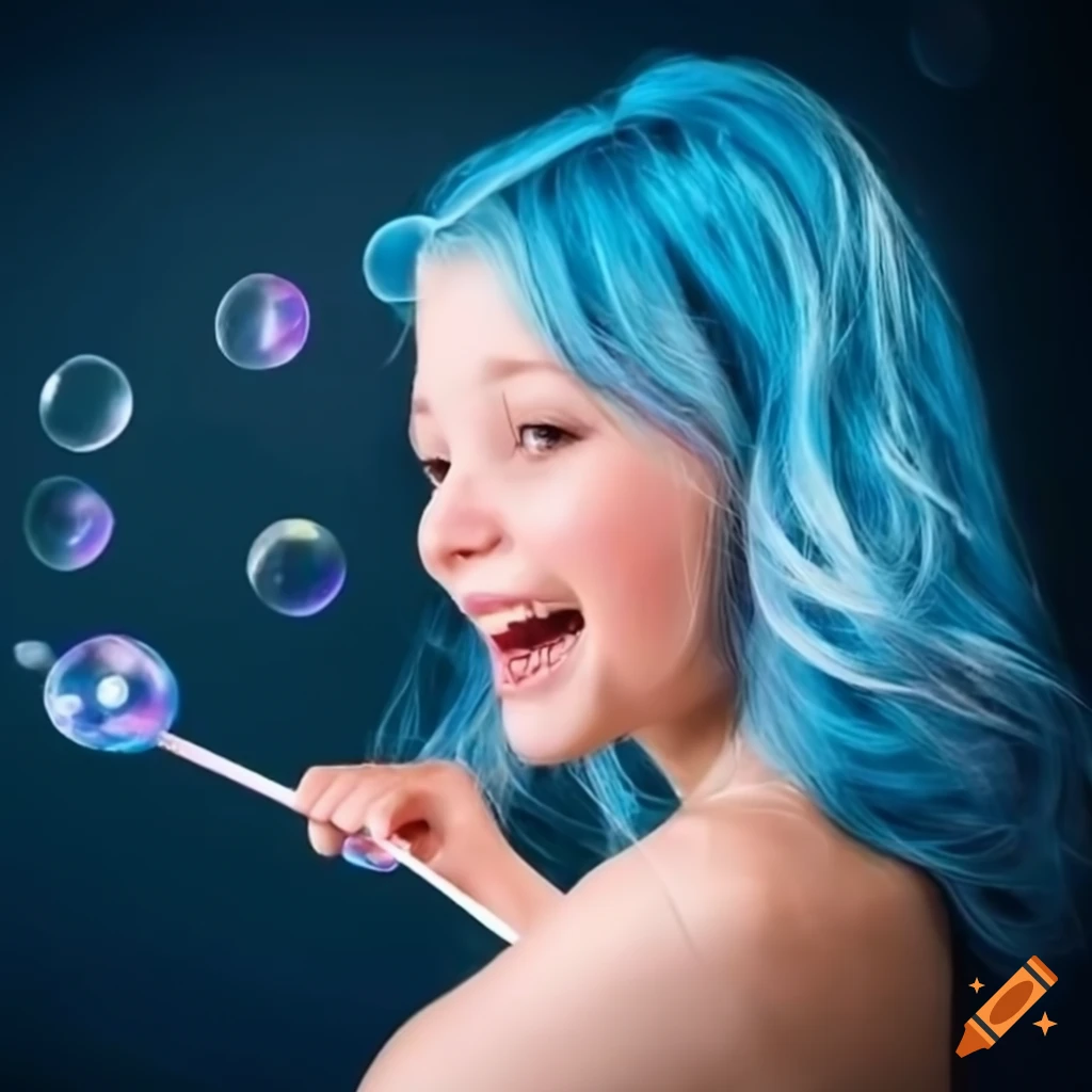 image of a girl with blue hair blowing bubbles