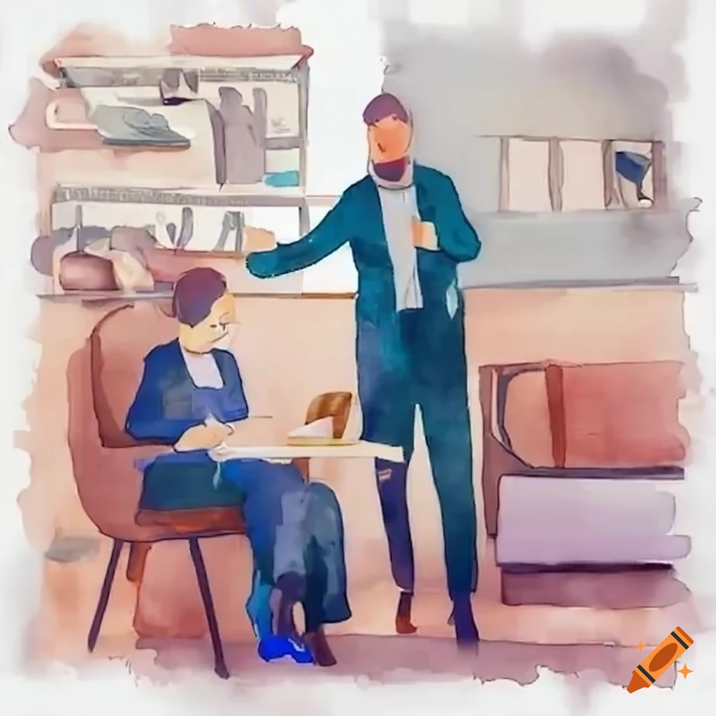 two people having a conversation in a furniture showroom