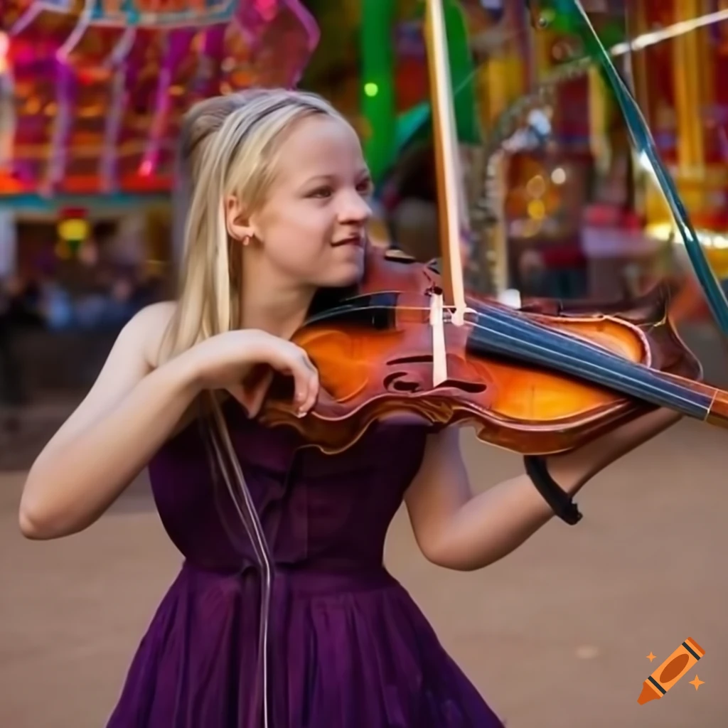 young woman playing violin in front of a carousel
