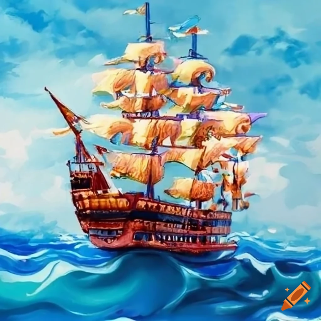 colorful crayon painting of a pirate ship