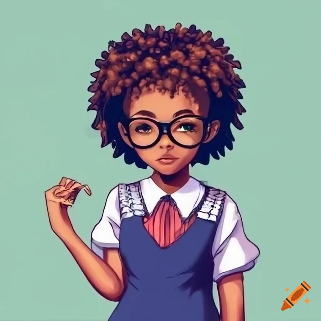 anime-style African schoolgirl with eyeglasses
