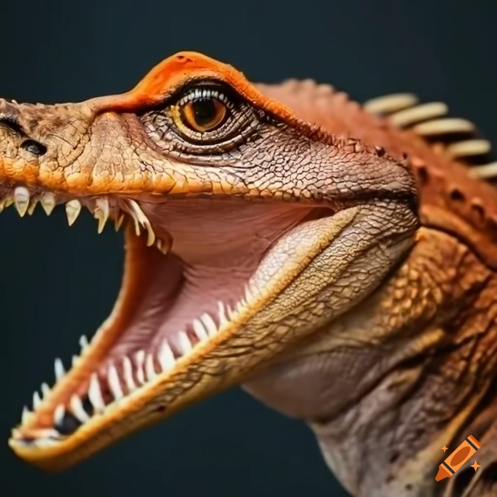 ilustration of an orange velociraptor with a crocodile face