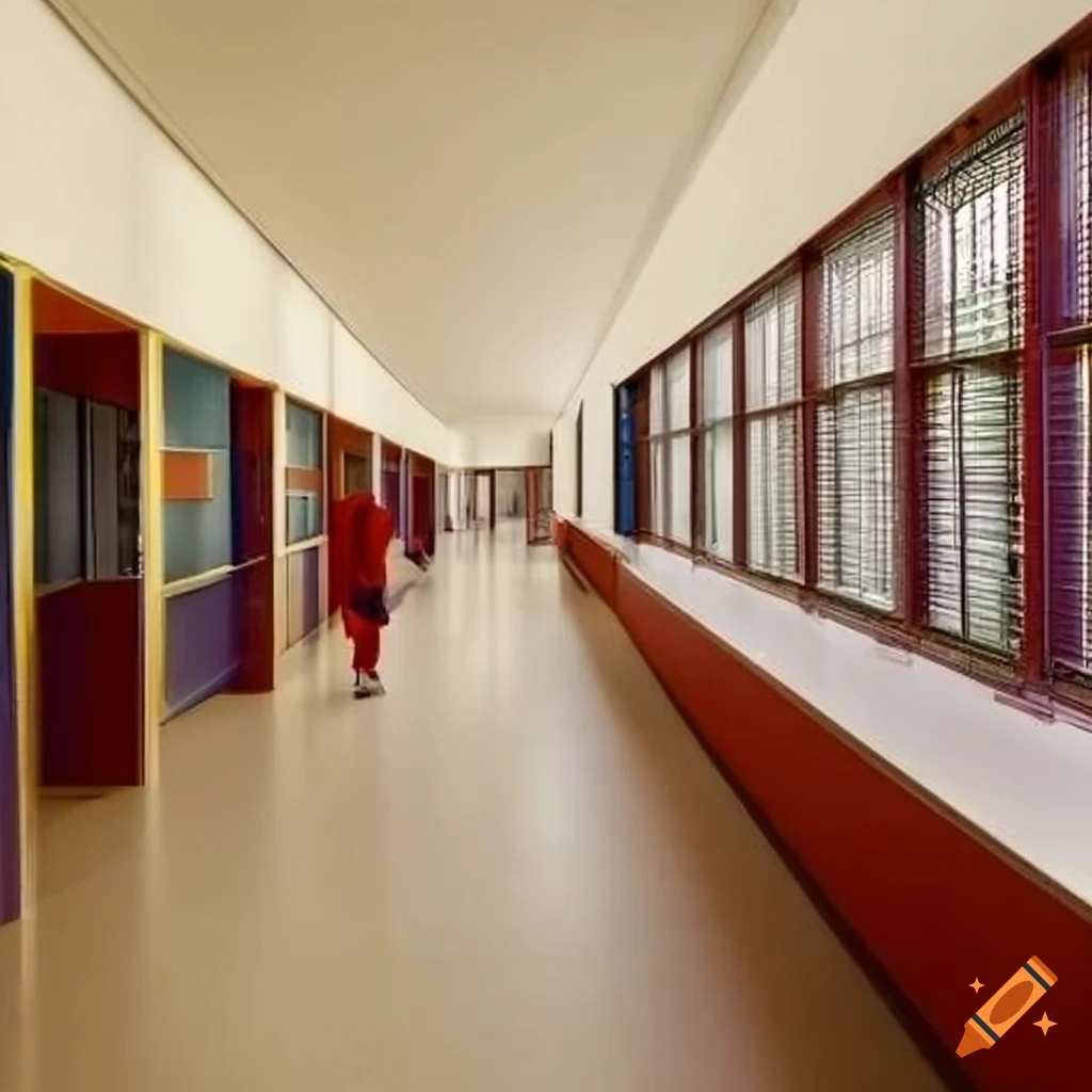 school corridor with classrooms and a central hall