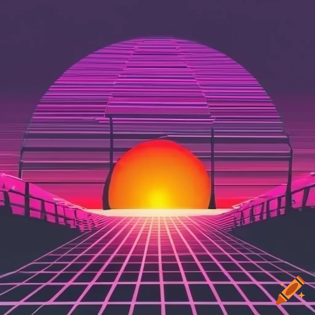 retrowave desert sunset block art with white perspective grid
