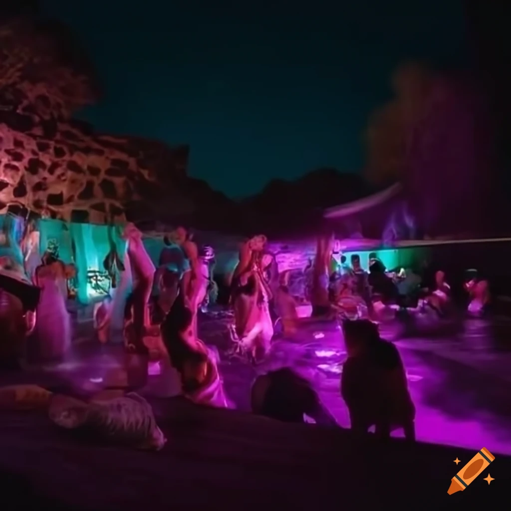 nighttime pool party from a first-person perspective