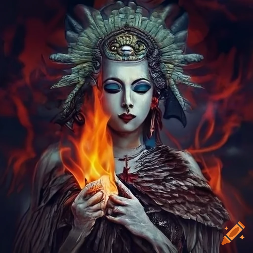 depiction of a deity with bird features in flames